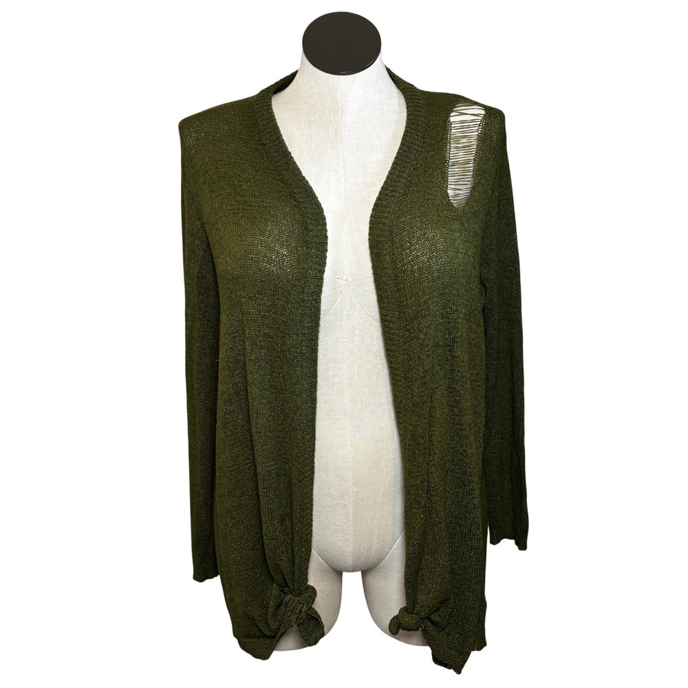 umgee Womens Green‎ Distressed Knit Open Front Cardigan Sweater M